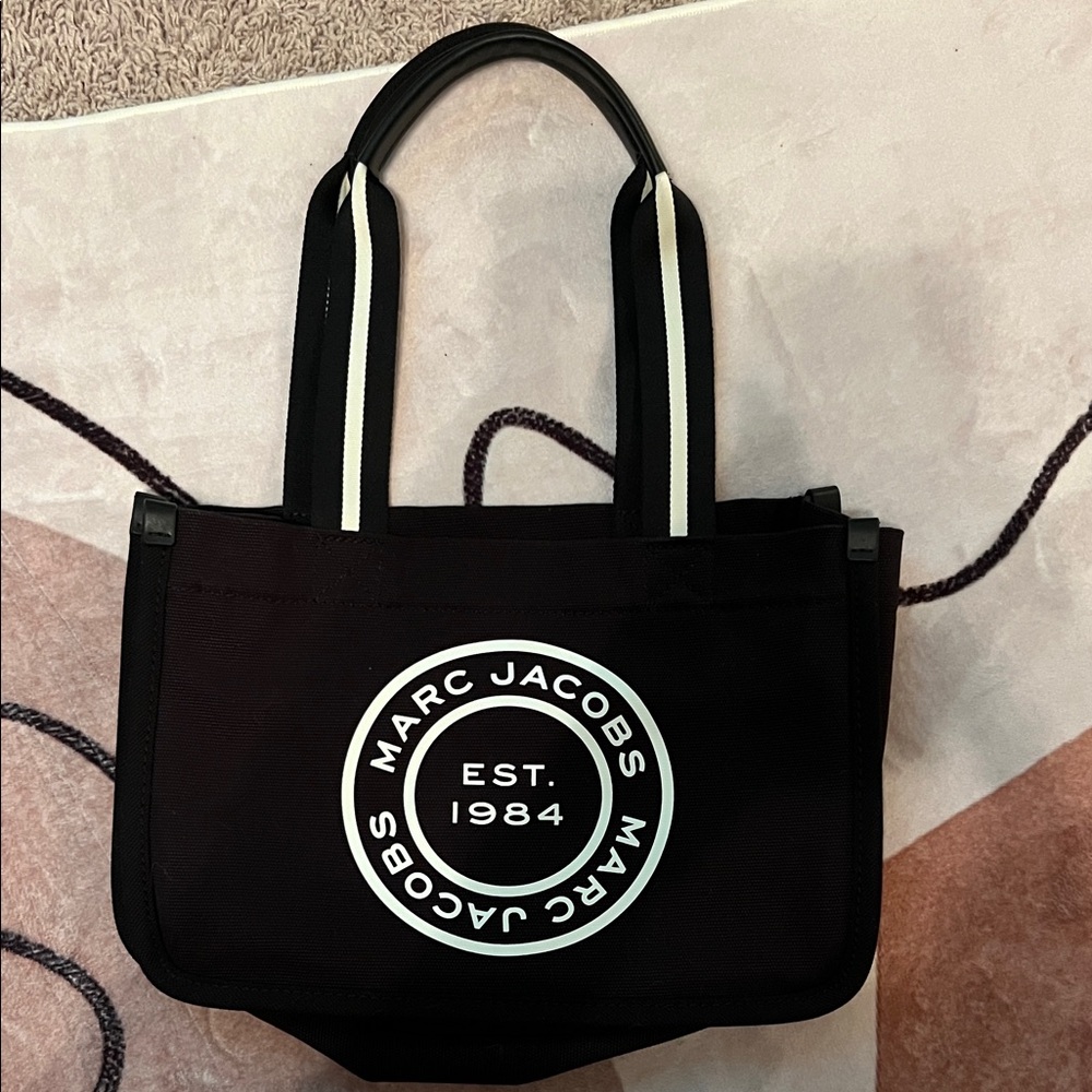 Marc Jacobs Black Tote with White Logo and Stripe Handles